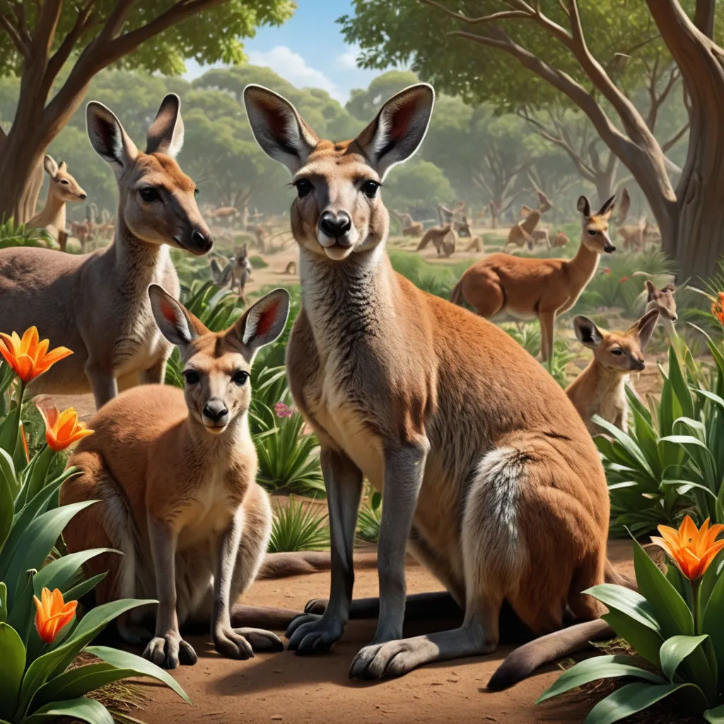 a group of kangaroos standing in a field of flowers and trees with a sky background and a few birds, furry art, an airbrush painting, Chris LaBrooy, highly detailed digital painting