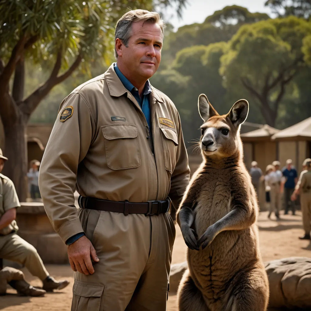 a man in a safari uniform standing next to a kangaroo in a zoo enclosure with other people in the background, furry art, a character portrait, Aloysius O'Kelly, promotional image