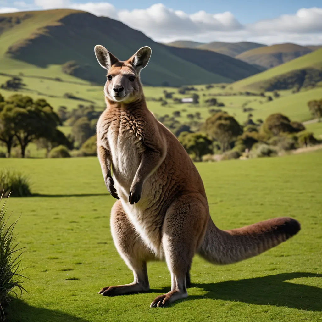 a kangaroo standing on its hind legs in a field of grass with mountains in the background and a sky with clouds, australian tonalism, a stock photo, Chris LaBrooy, animal photography