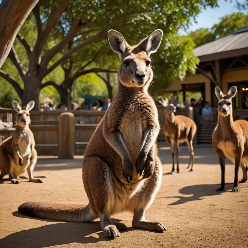 a group of kangaroos standing around in a zoo enclosure with people looking on from the other side of the enclosure, australian tonalism, a stock photo, Elizabeth Durack, animal photography
