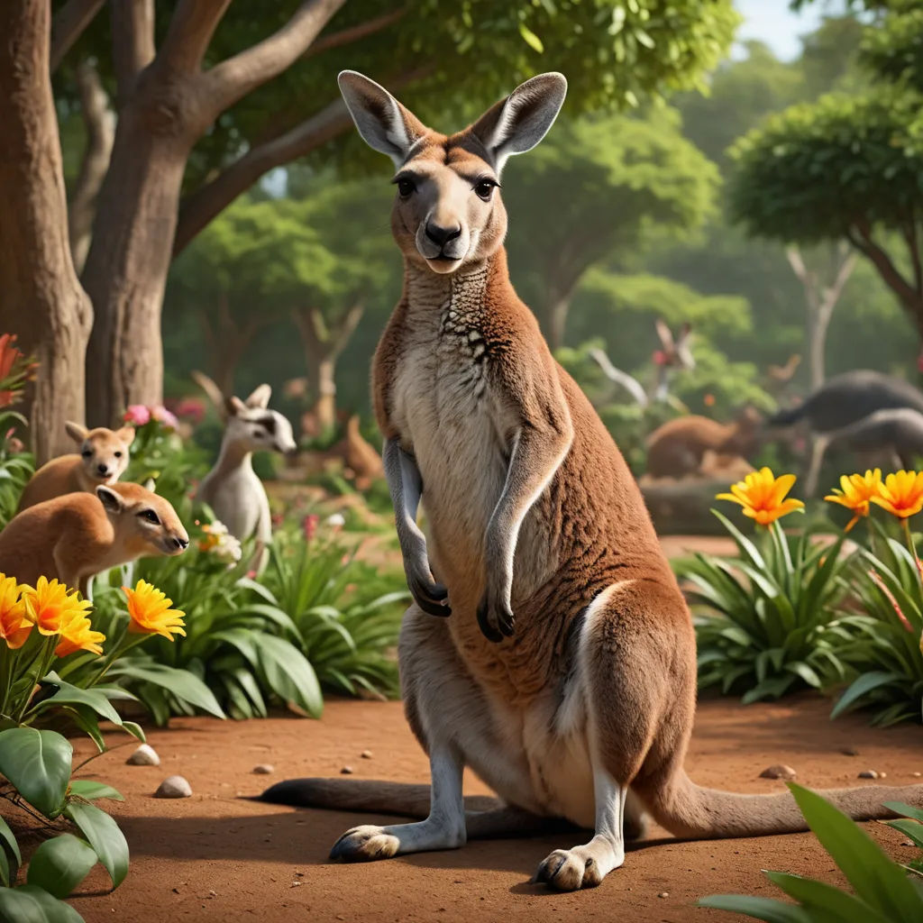 a kangaroo is standing on its hind legs in a field of flowers and trees with other animals in the background, furry art, a 3D render, Chris LaBrooy, promotional image