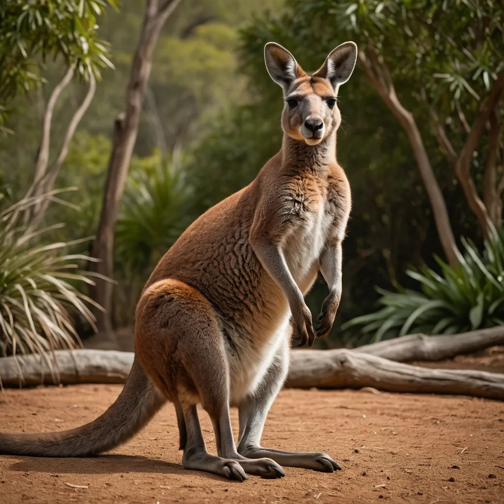 a kangaroo standing on its hind legs in a dirt field with trees in the background and a log laying on the ground, australian tonalism, a stock photo, Elizabeth Durack, animal photography