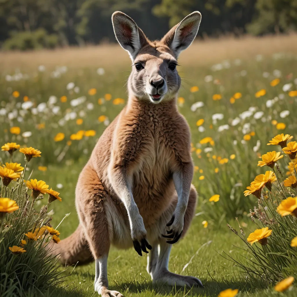 a kangaroo standing on its hind legs in a field of flowers and grass with a blurry background of trees and bushes, australian tonalism, a stock photo, Aloysius O'Kelly, animal photography