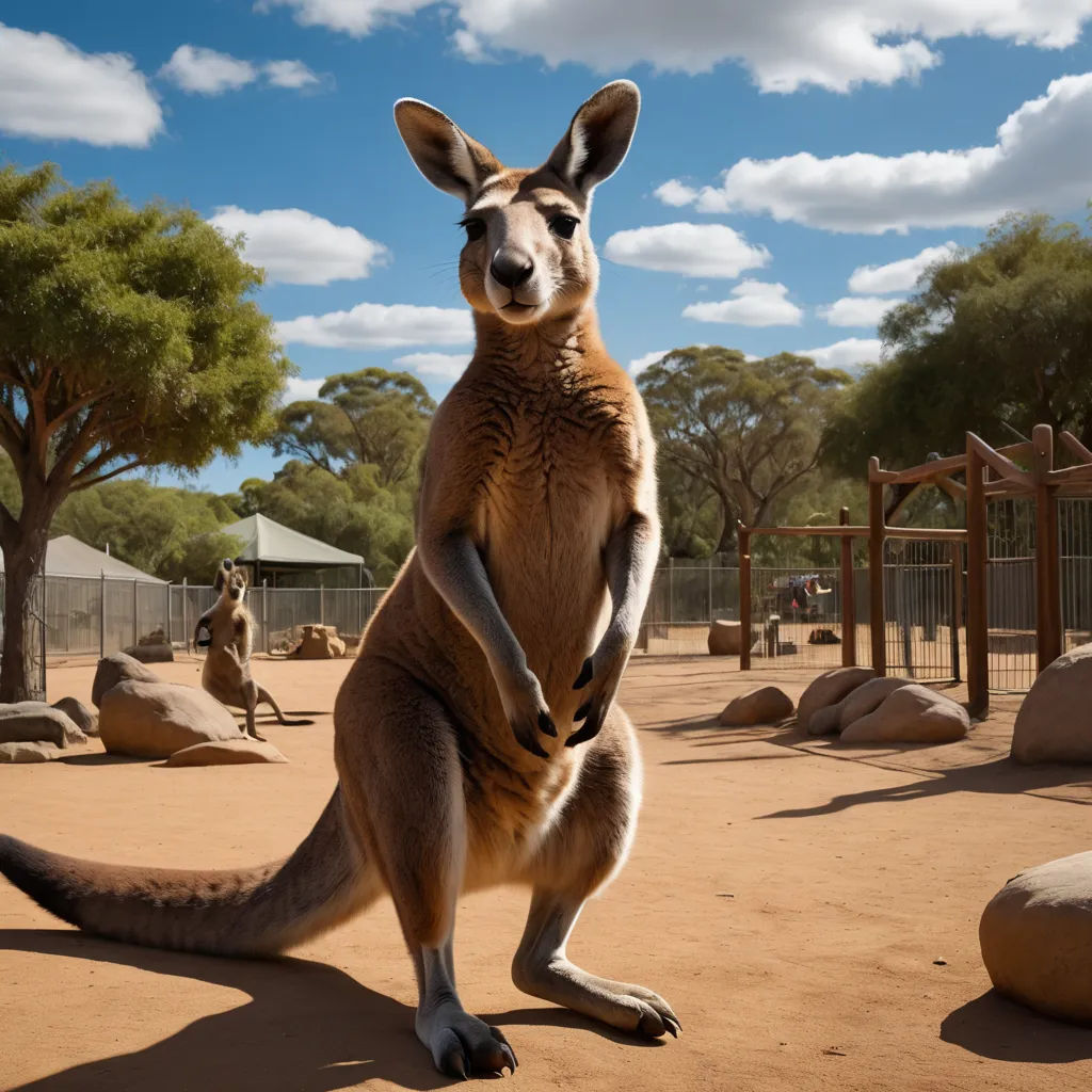 a kangaroo standing on its hind legs in a zoo enclosure with other animals in the background and a blue sky with clouds, australian tonalism, a stock photo, Albert Namatjira, animal photography