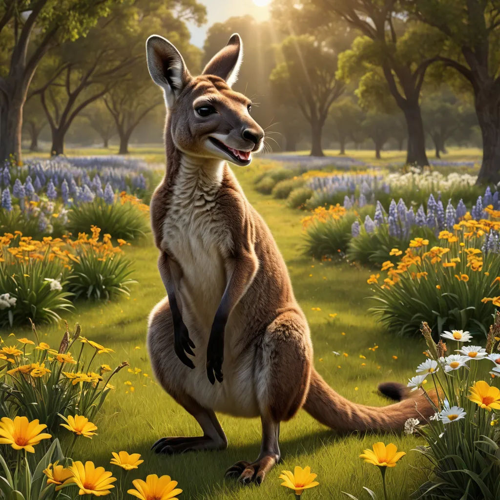 a kangaroo is standing on its hind legs in a field of flowers and trees with the sun shining through the trees, furry art, a digital rendering, Chris LaBrooy, rossdraws global illumination