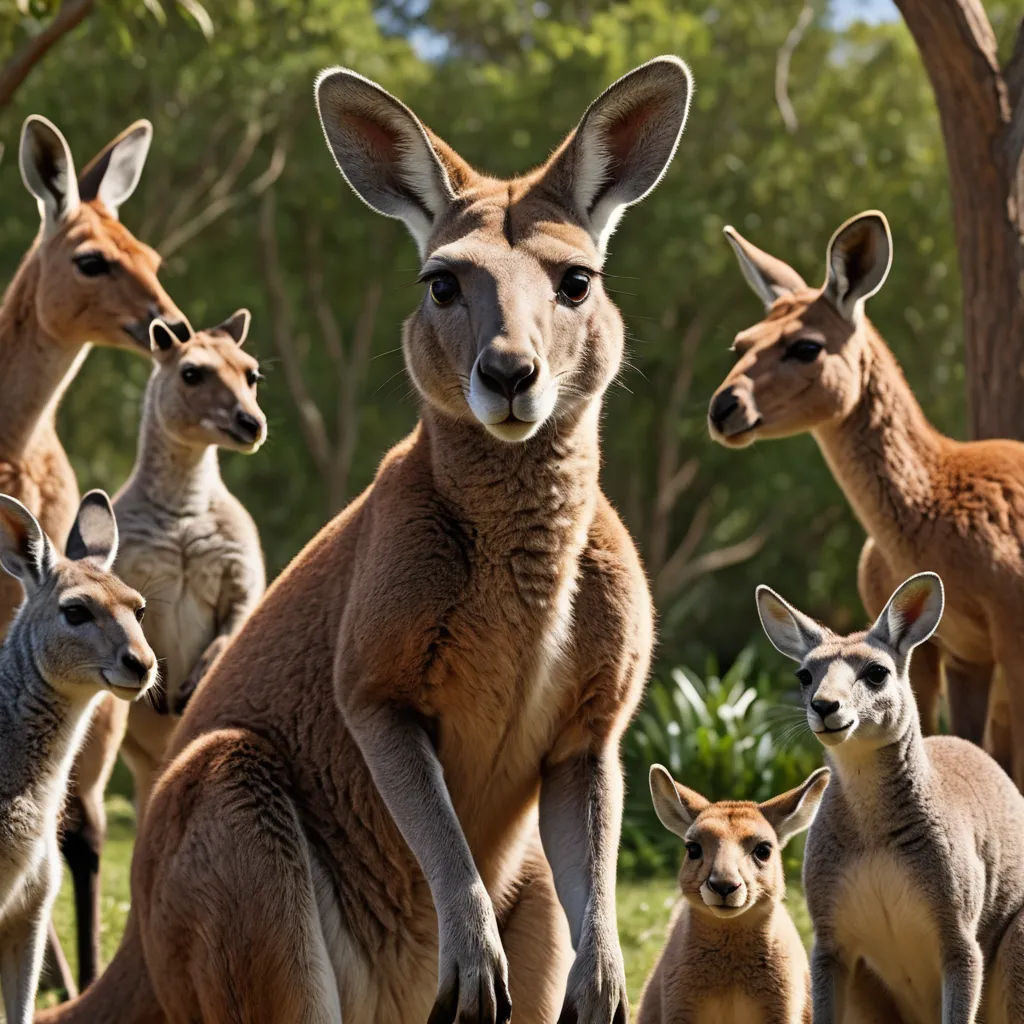 a group of kangaroos standing around in a field of grass and trees, with one looking at the camera, australian tonalism, a stock photo, Elizabeth Durack, animal photography