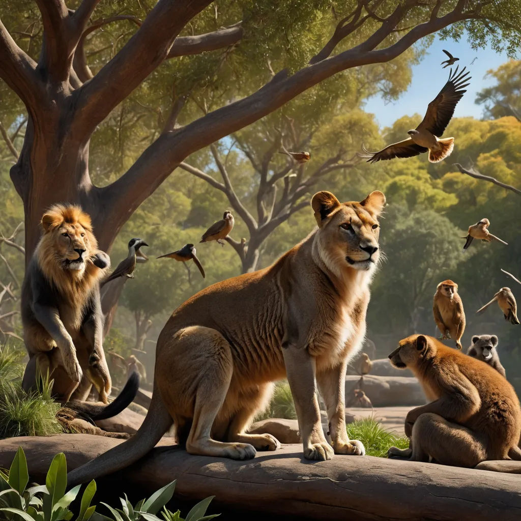 a group of animals that are sitting on a log in the grass and trees, with birds flying around, photorealism, a digital rendering, Chris LaBrooy, photoreal
