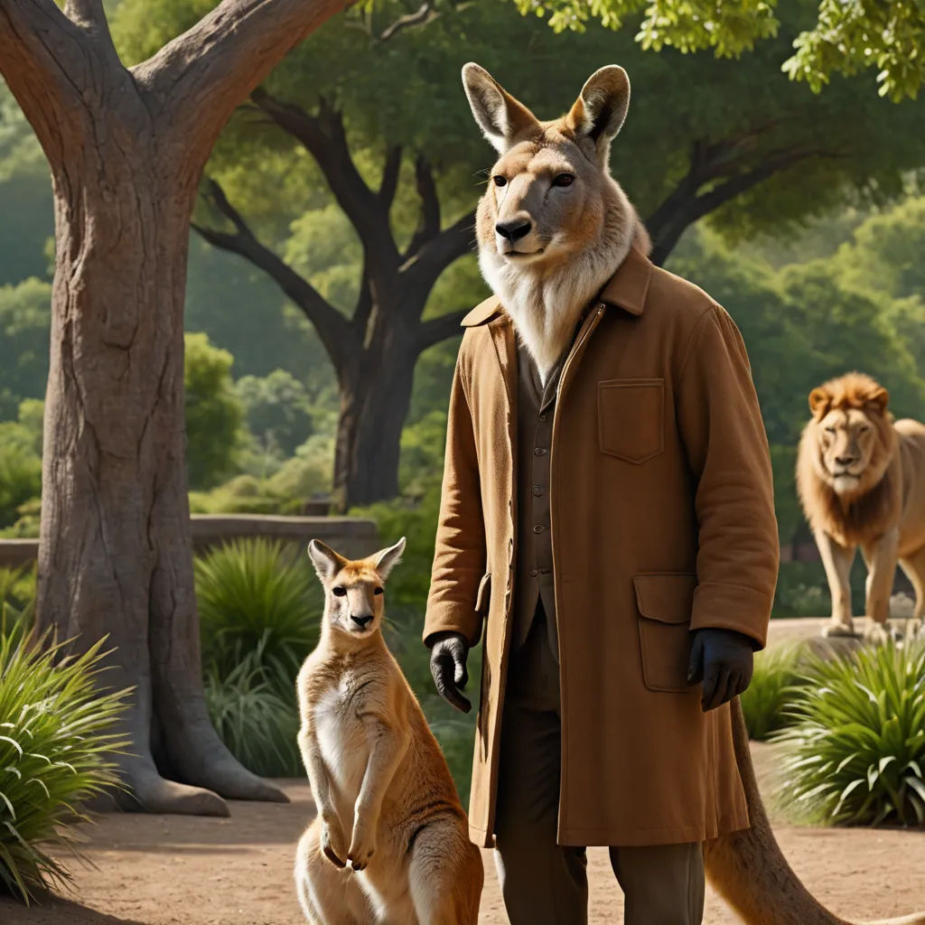 a man in a kangaroo suit and kangaroos in the background in a zoo setting with trees and bushes, furry art, a character portrait, Chris LaBrooy, weta digital