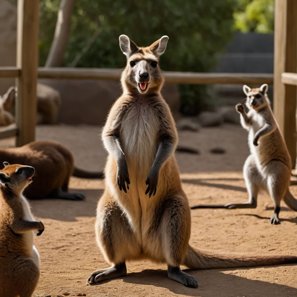 a group of kangaroos standing around in a zoo enclosure with trees in the background and a fence in the foreground, australian tonalism, a stock photo, Elizabeth Durack, animal photography