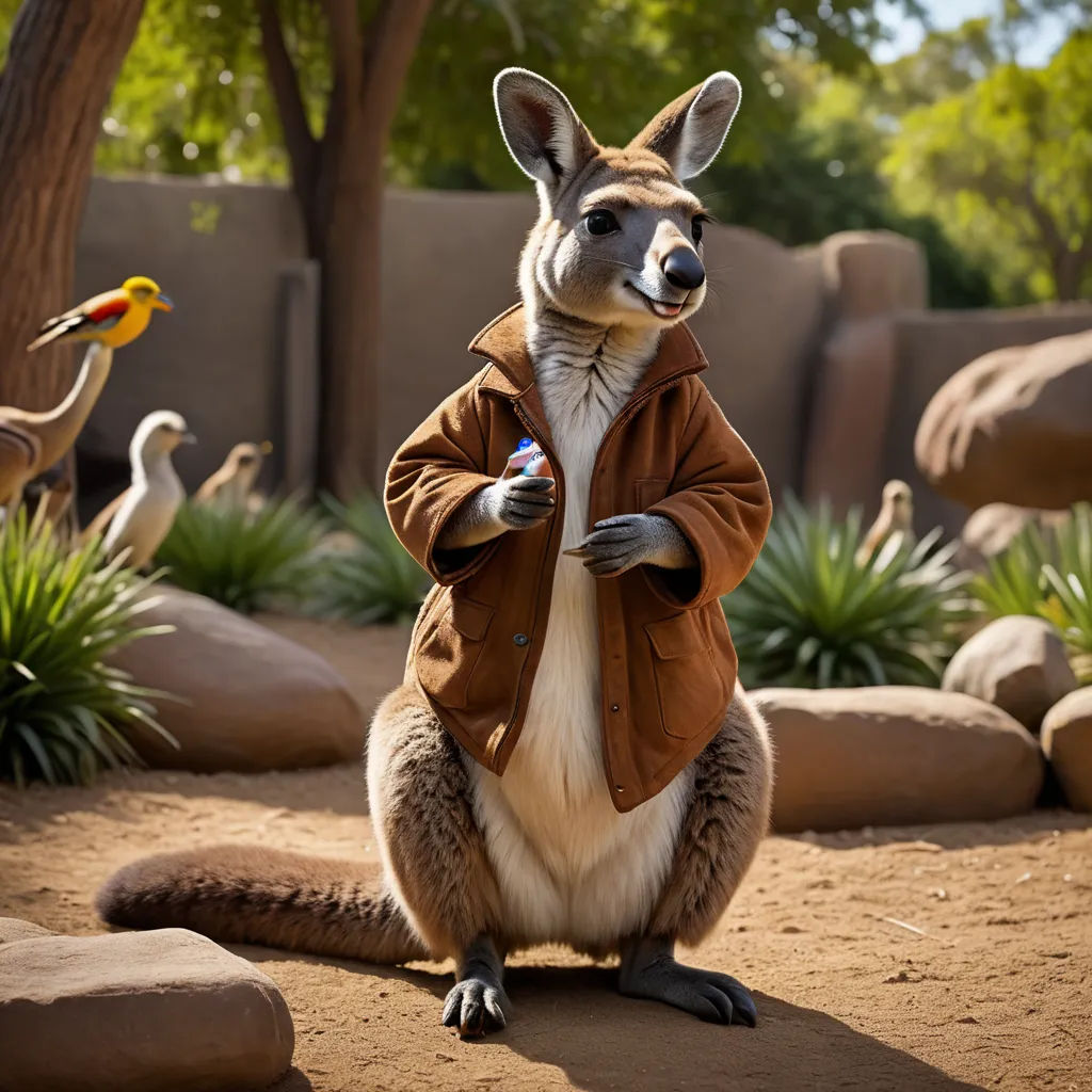 a kangaroo dressed in a brown jacket and a bird in a tree and rock background with a bird on its back, furry art, a character portrait, Chris LaBrooy, promotional image