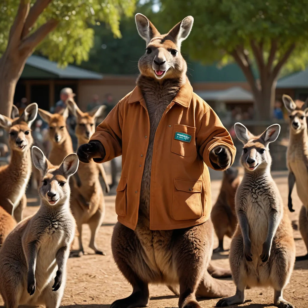 a man in a kangaroo suit standing in front of a group of kangaroos in a park area with trees, australian tonalism, a stock photo, Chris LaBrooy, promotional image