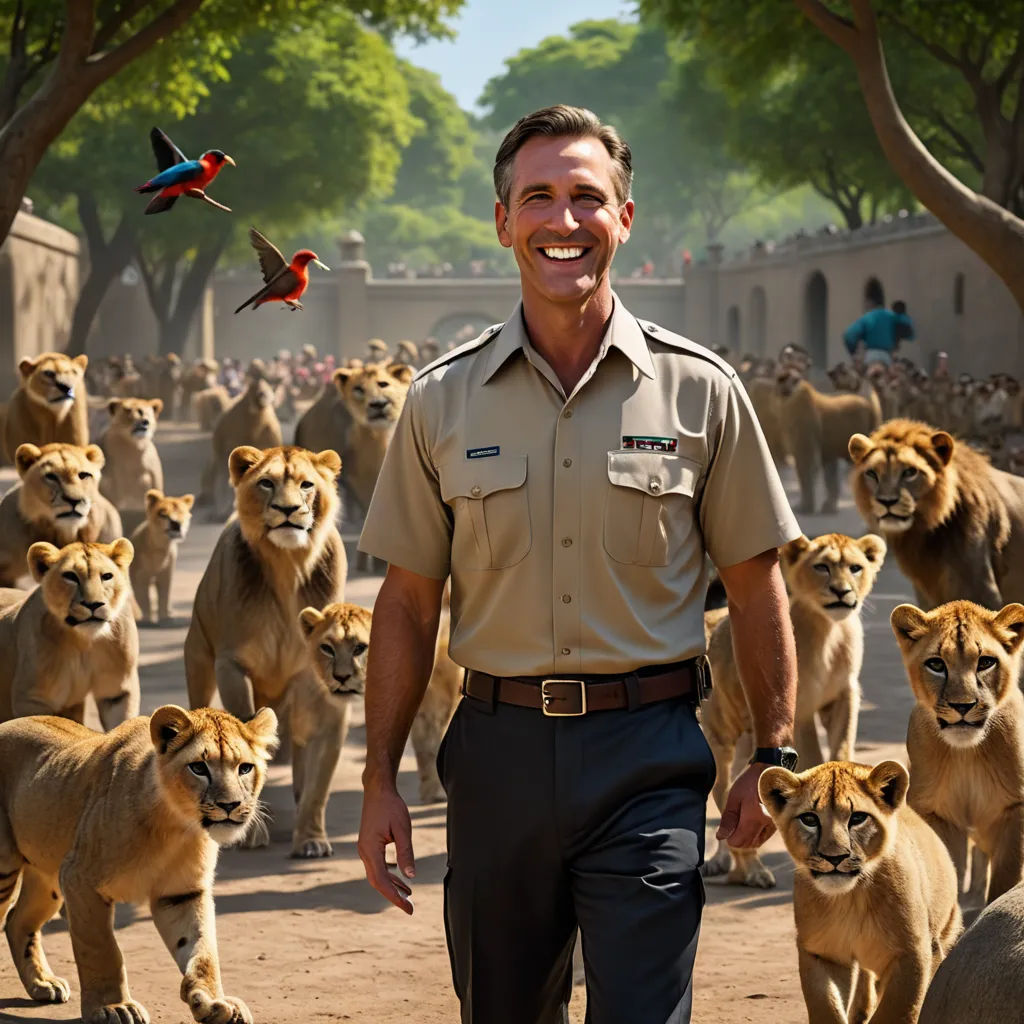 a man in a safari uniform standing in front of a herd of lions and birds in a zoo setting, sumatraism, a detailed matte painting, Chris LaBrooy, promotional image