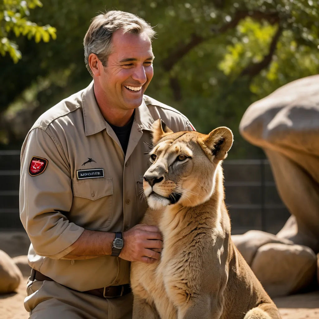 a man in a safari uniform petting a small animal in a zoo enclosure with trees in the background, naturalism, a character portrait, Eric Taylor, promotional image