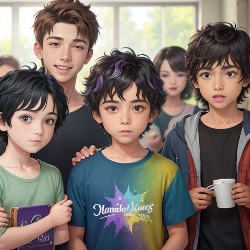 a group of children standing next to each other holding a cup of coffee and a book in their hands
