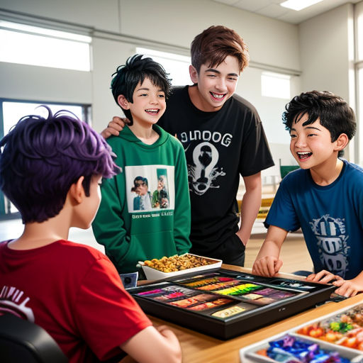 a group of young boys standing around a table with a tray of candy on it and a man standing next to them
