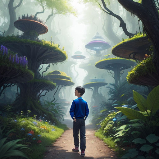 a boy standing in a forest with lots of trees and plants on the ground and a lot of flying saucers