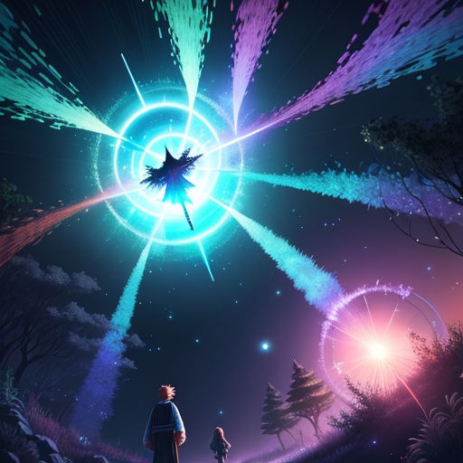 a man and a woman standing in front of a colorful light burst in the sky above them is a forest