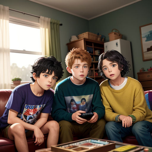three children sitting on a couch in a living room with a remote control in their hands and a coffee table with a television on it