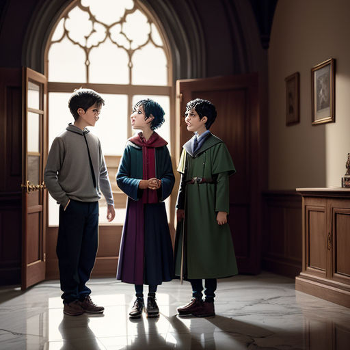 three children standing in a room with a large window and a door in the background, looking at each other