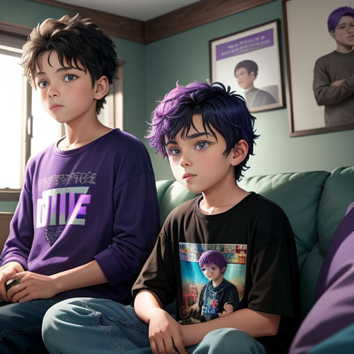 two young boys sitting on a couch in a living room with posters on the wall behind them and a window
