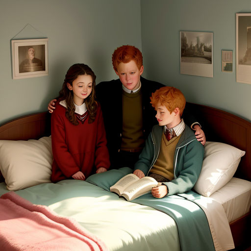 three children are sitting on a bed reading a book together, with a man standing next to them and a woman standing next to them