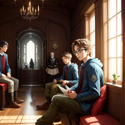 a group of young men sitting on top of a red bench in a room with a chandelier