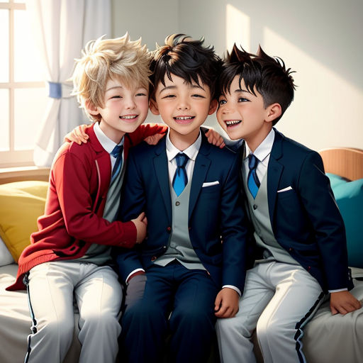 three boys in suits sitting on a couch together smiling at the camera, with their arms around each other