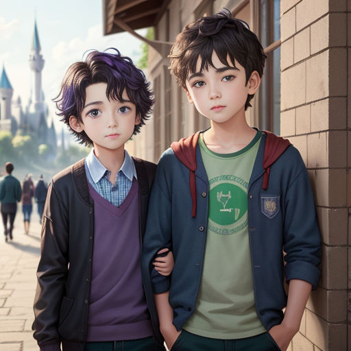 two young boys standing next to each other on a sidewalk in front of a castle with a clock tower