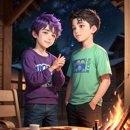 two young boys standing next to a fire pit in a cabin at night with a sky background and stars