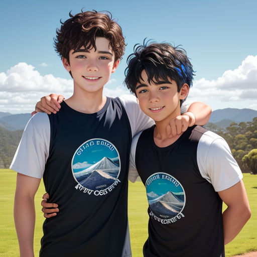 two boys standing next to each other in a field with mountains in the background and a blue sky with clouds