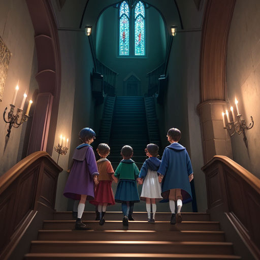 a group of children standing on a set of stairs in a church with a stained glass window above them