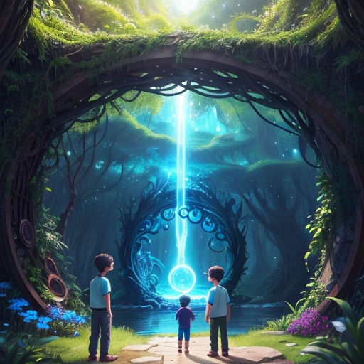 a couple of kids standing in front of a tunnel with a light at the end of it and a light at the end of the tunnel