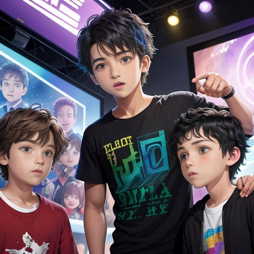 a group of young boys standing next to each other in front of a tv screen with a movie poster behind them