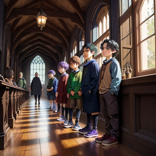 a group of children standing in a hallway next to a window with a light on it and a lamp hanging above