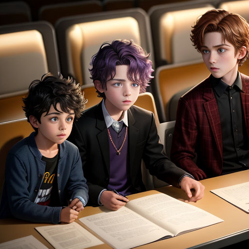 three children sitting at a table with books in front of them and a movie theater in the background with chairs