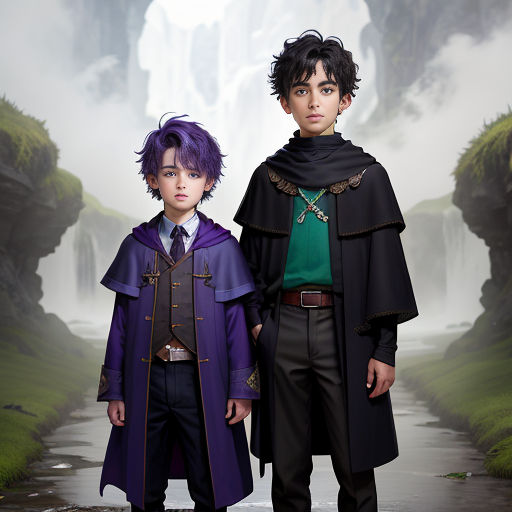 a couple of kids standing next to each other in front of a waterfall and waterfall background with a waterfall