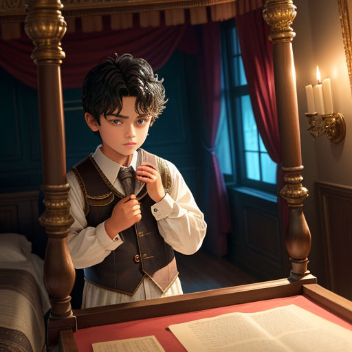 a boy in a vest and tie standing in front of a bed with a book on it and a lit candle