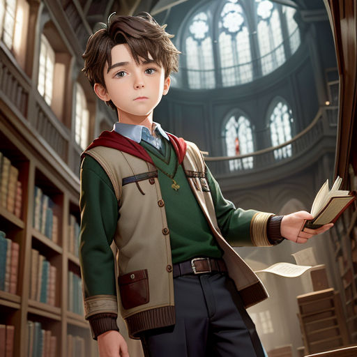 a boy in a library with a book in his hand and a book in his other hand, standing in front of a bookcase