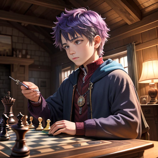a boy playing chess with a giant chess set on a table in front of him and a giant chess set on the table