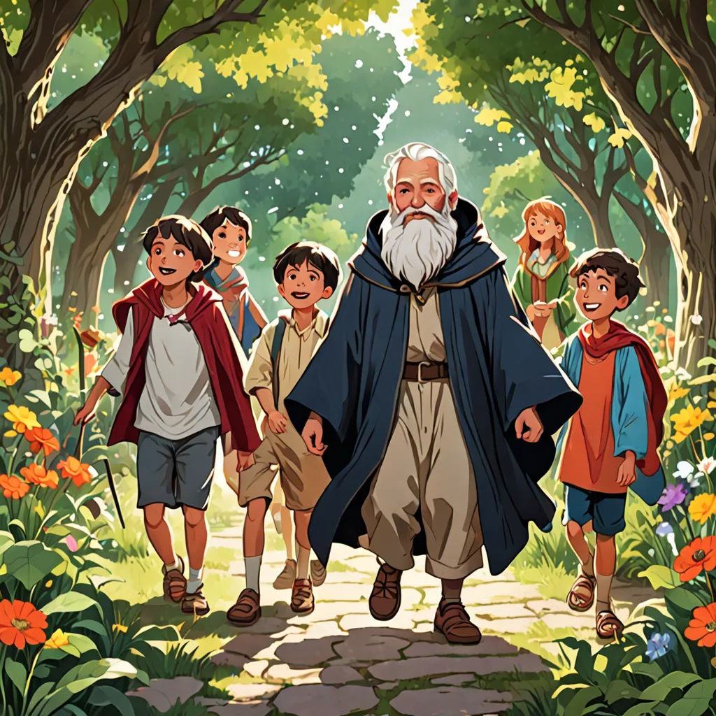 a cartoon of a wizard with a group of children in the background walking through a forest with trees and flowers, fantasy art, a storybook illustration, Drew Struzan, official art