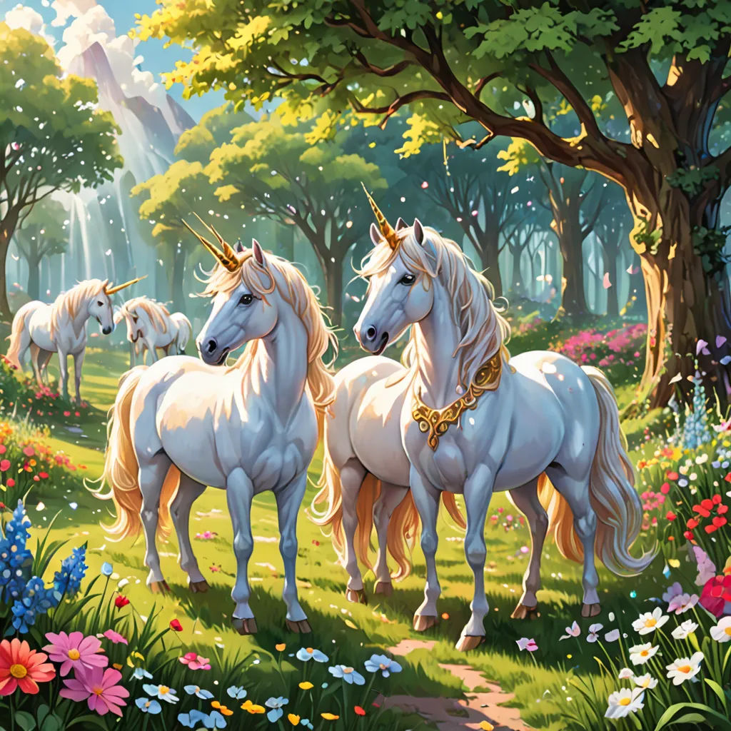 a painting of three unicorns in a forest with flowers and trees in the background, with a path leading to them, fantasy art, a detailed matte painting, Chris LaBrooy, magic the gathering artwork