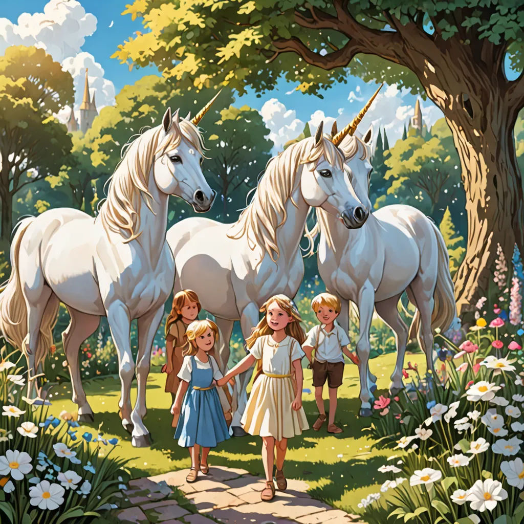 a group of children standing next to two white unicorns in a forest with flowers and trees behind them, magical realism, a storybook illustration, Christophe Vacher, rossdraws global illumination