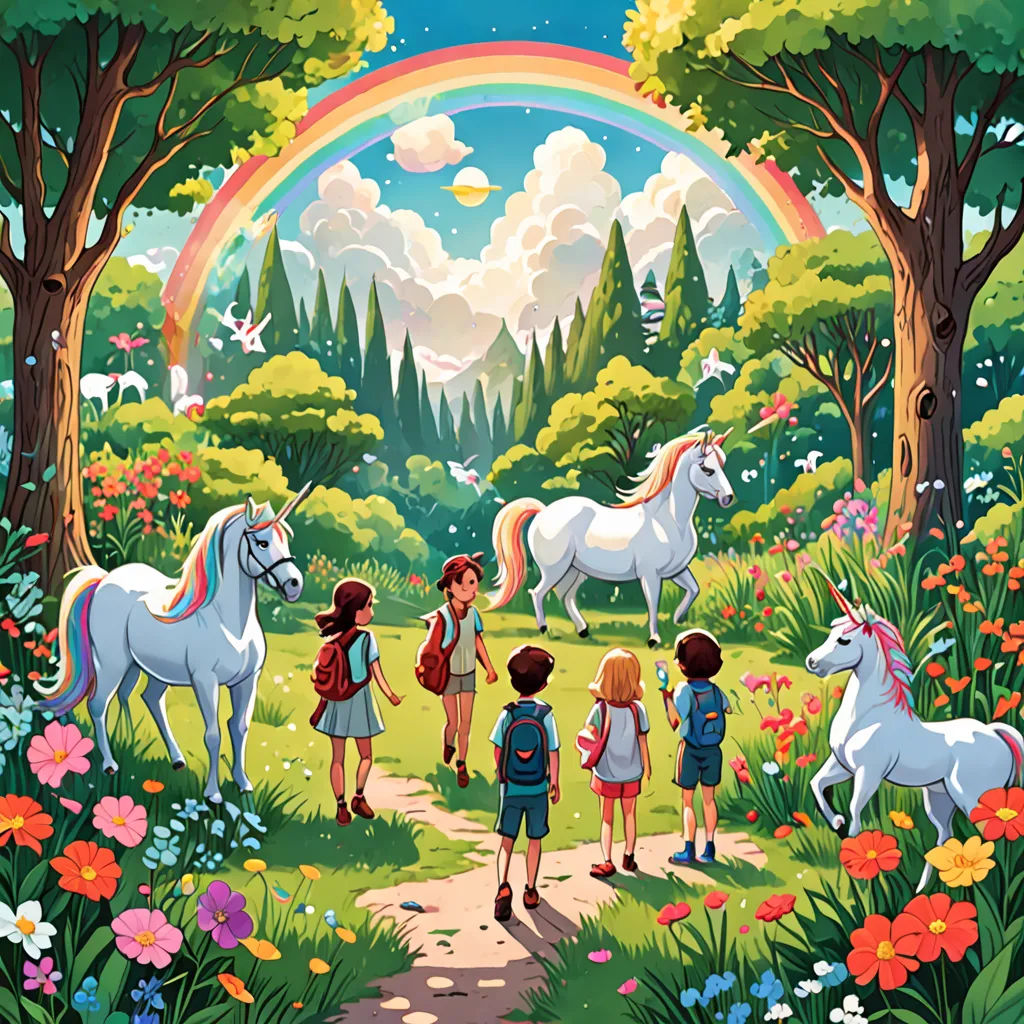 a group of children standing in a forest with horses and a rainbow in the background, with a rainbow in the sky, fantasy art, a storybook illustration, Chris LaBrooy, storybook illustration