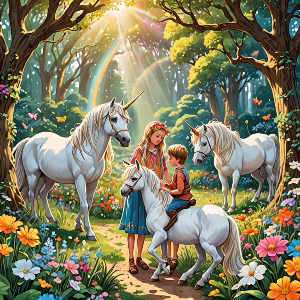 a painting of a girl and two unicorns in a forest with a rainbow in the background and a girl on the back, magical realism, a storybook illustration, Anne Stokes, rossdraws global illumination