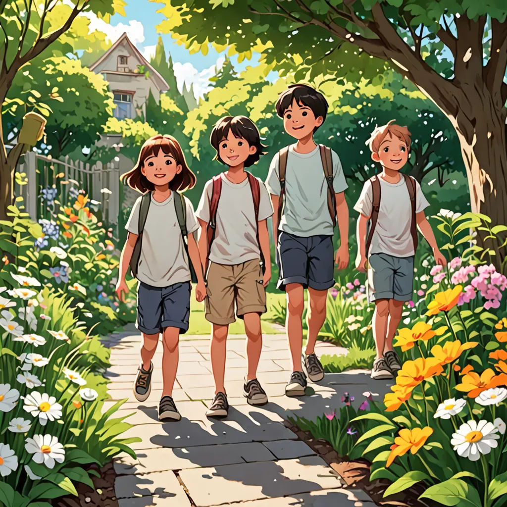 a group of children walking down a path in a garden with flowers and trees around them, with a house in the background, american scene painting, a storybook illustration, Brothers Hildebrandt, official art