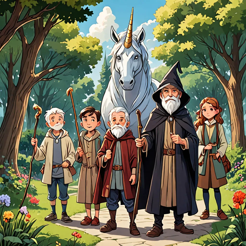a group of people standing next to a white unicorn in a forest with trees and flowers behind them,, fantasy art, a storybook illustration, Drew Struzan, official art