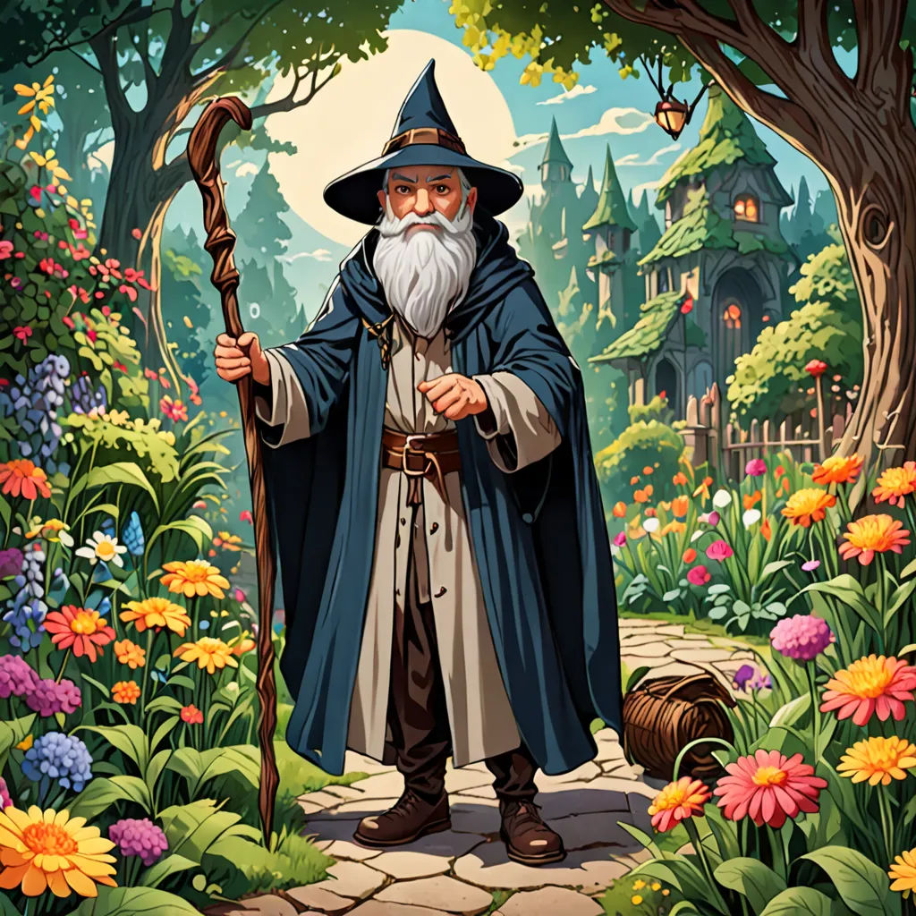 a wizard with a staff in a garden of flowers and trees with a full moon in the background and a path leading to a castle, fantasy art, a character portrait, Colin Middleton, game art