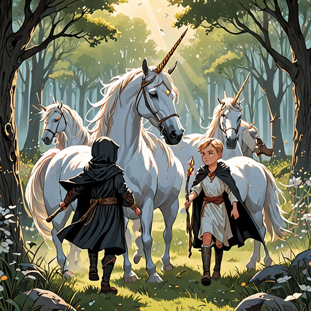 a painting of a man and a woman with white horses in a forest with trees and rocks, with a man in a black cloak and a white horse, fantasy art, a storybook illustration, Aaron Jasinski, storybook illustration