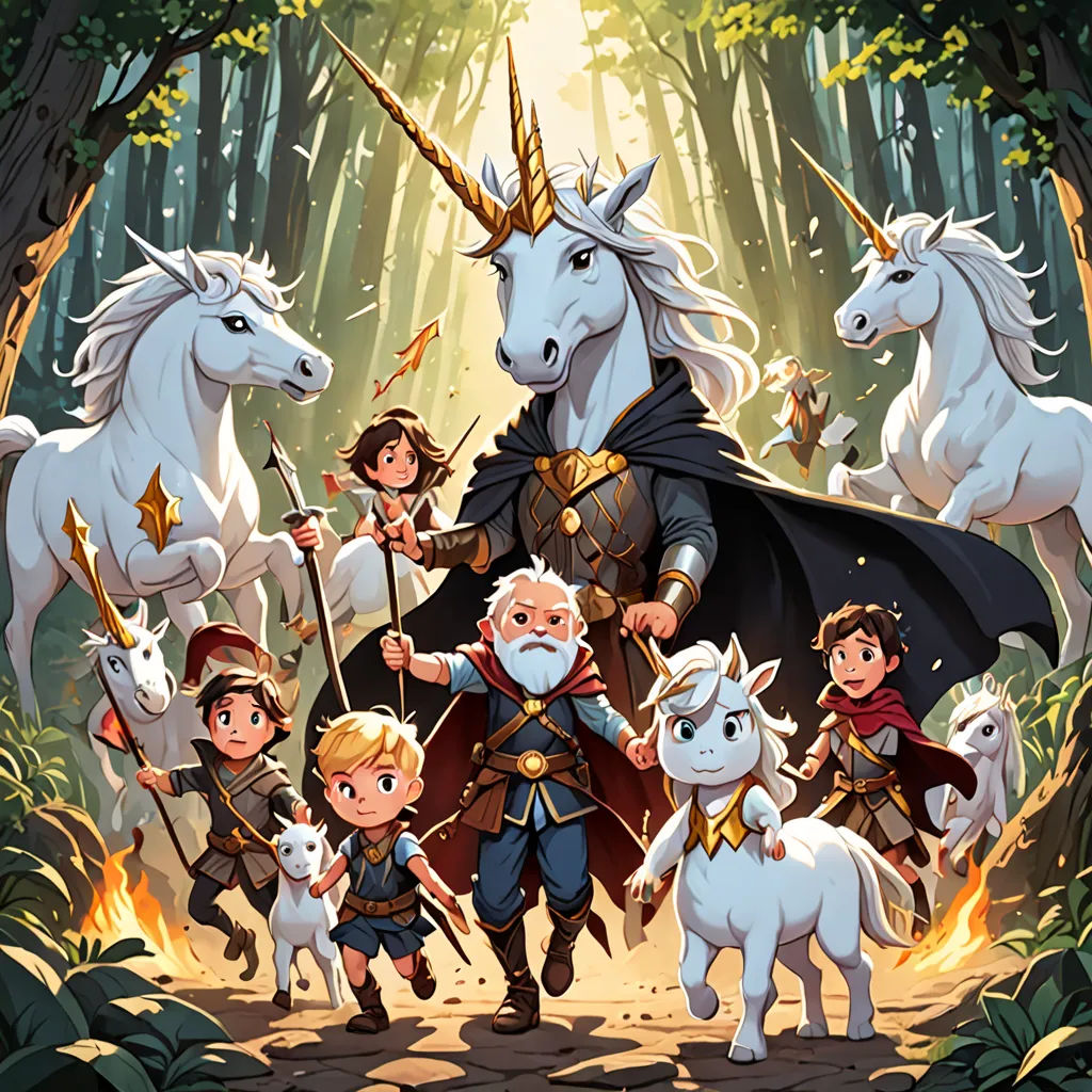 a group of people standing in front of a forest with unicorns and unicorns on it's back, fantasy art, a storybook illustration, Dan Mumford, rossdraws global illumination