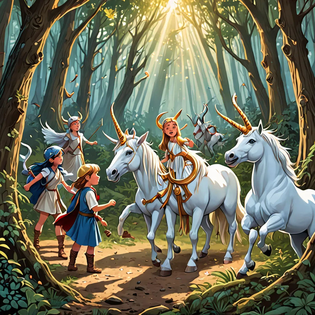 a painting of a group of people riding horses through a forest with white horses and a girl standing on the side of the road, fantasy art, a storybook illustration, Christophe Vacher, rossdraws global illumination